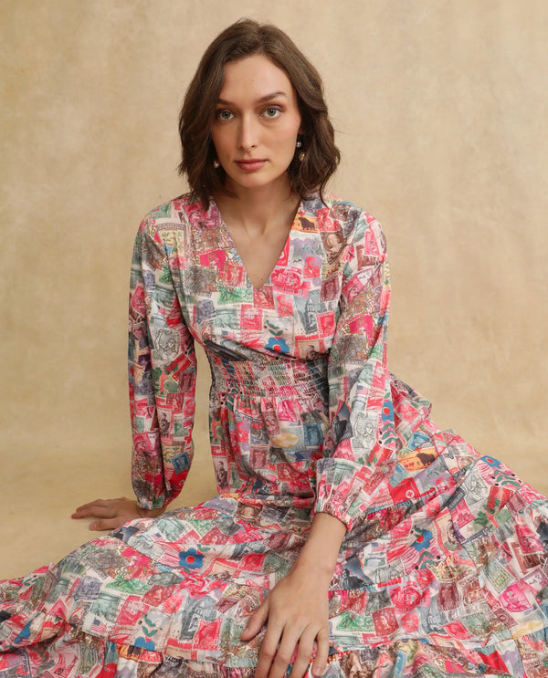 Rareism Women's Reting Light Multi Satin Fabric V-Neck  Full Sleeve Object Print Fit And Flare Maxi Dress