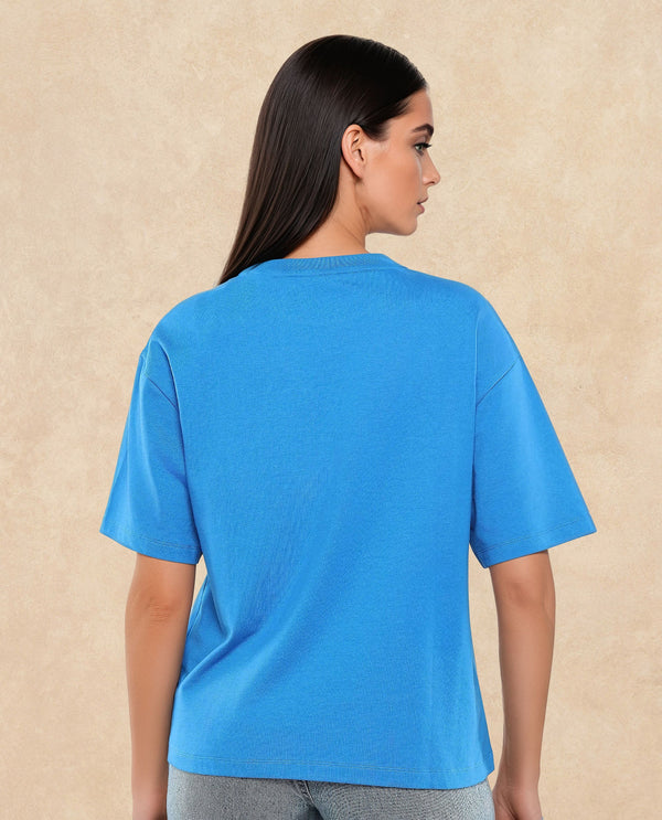 Rareism Women Retriz Blue Cotton Blend Fabric Short Sleeve Crew Neck Oversized Fit Graphic Print T-Shirt