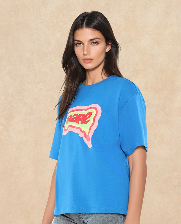 Rareism Women Retriz Blue Cotton Blend Fabric Short Sleeve Crew Neck Oversized Fit Graphic Print T-Shirt