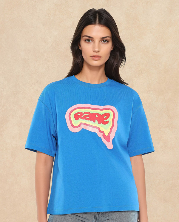Rareism Women Retriz Blue Cotton Blend Fabric Short Sleeve Crew Neck Oversized Fit Graphic Print T-Shirt