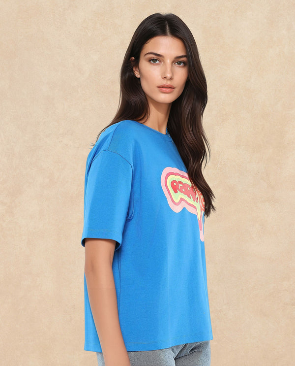 Rareism Women Retriz Blue Cotton Blend Fabric Short Sleeve Crew Neck Oversized Fit Graphic Print T-Shirt