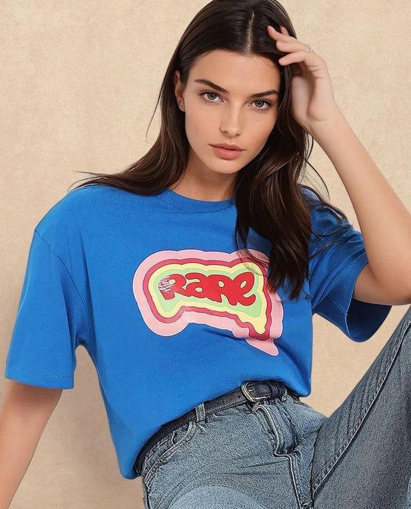 Rareism Women Retriz Blue Cotton Blend Fabric Short Sleeve Crew Neck Oversized Fit Graphic Print T-Shirt