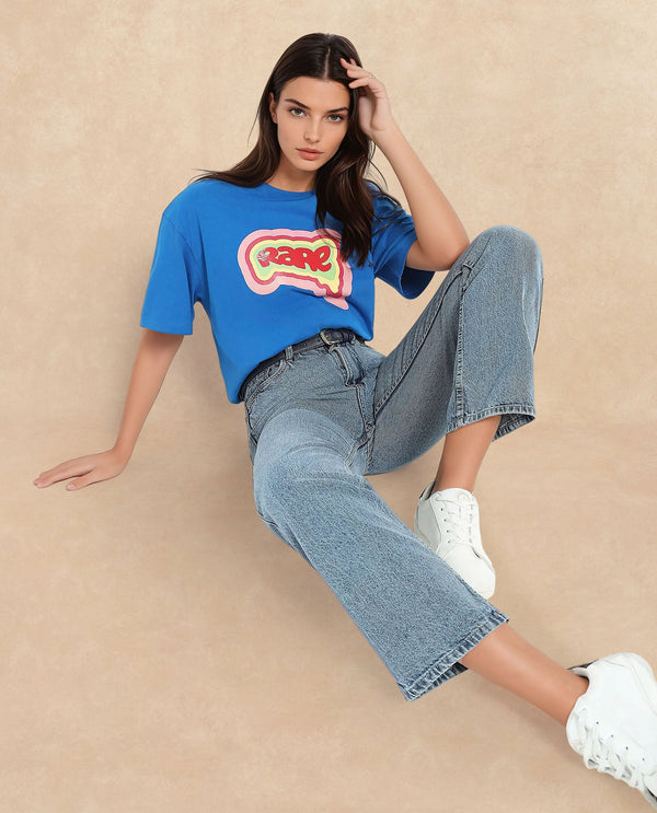 Rareism Women Retriz Blue Cotton Blend Fabric Short Sleeve Crew Neck Oversized Fit Graphic Print T-Shirt
