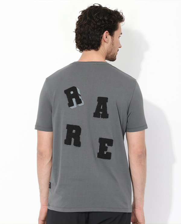 Rare Rabbit Articale Men's Rev Grey Cotton Lycra Fabric Short Sleeve Crew Neck Graphic Print T-Shirt