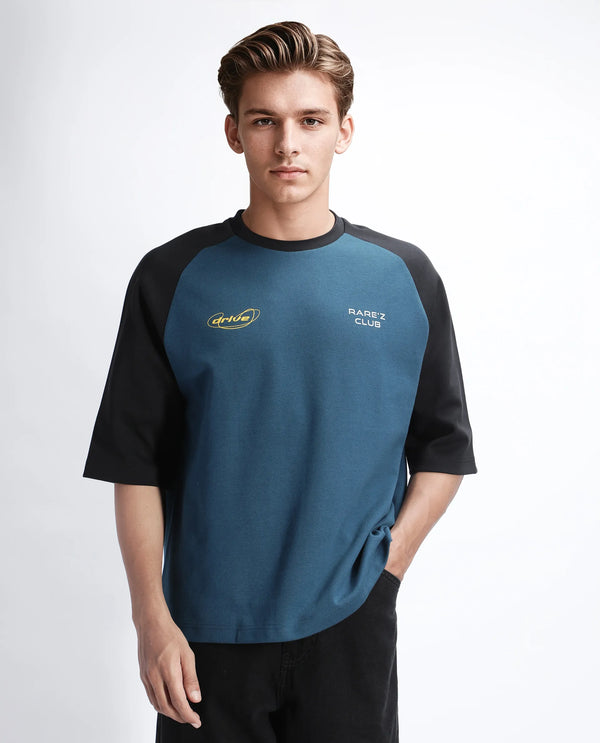 Rare Rabbit Men Revalo Teal Cotton Blend Fabric Half Sleeve Crew Neck Oversized Fit Graphic Print T-Shirt