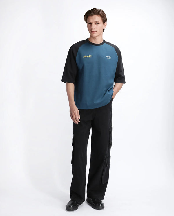 Rare Rabbit Men Revalo Teal Cotton Blend Fabric Half Sleeve Crew Neck Oversized Fit Graphic Print T-Shirt