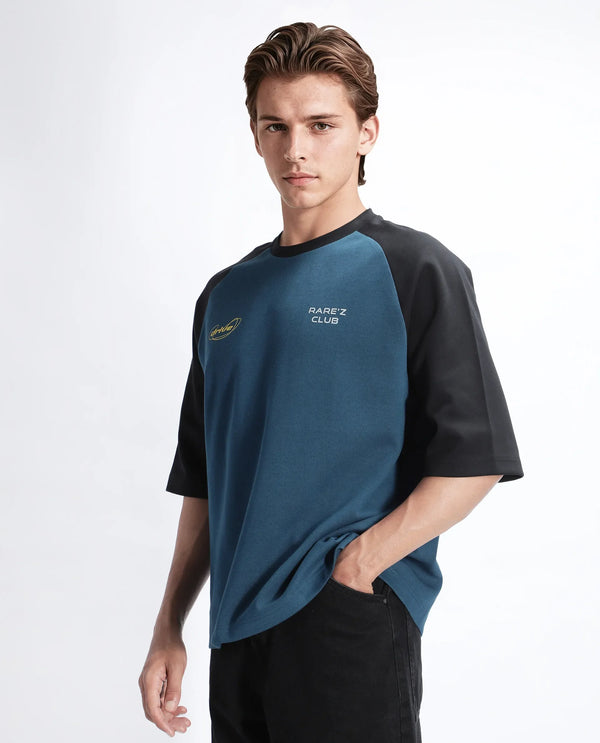 Rare Rabbit Men Revalo Teal Cotton Blend Fabric Half Sleeve Crew Neck Oversized Fit Graphic Print T-Shirt