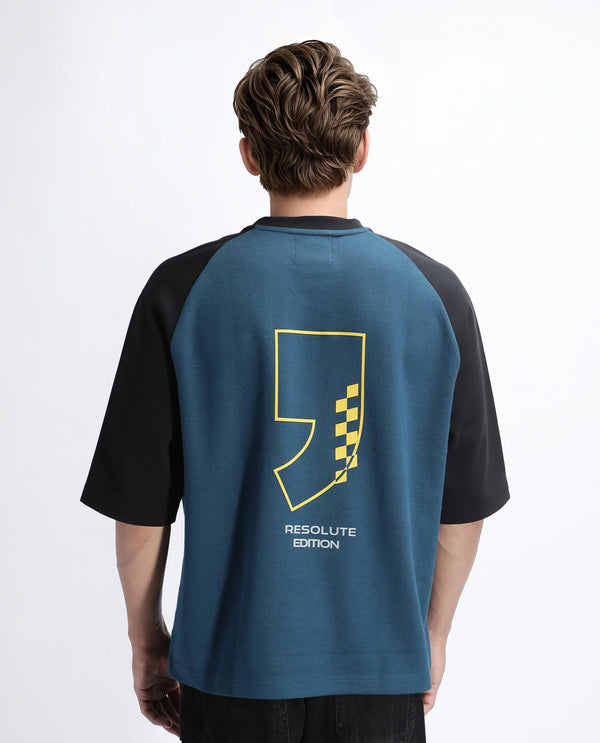 Rare Rabbit Men Revalo Teal Cotton Blend Fabric Half Sleeve Crew Neck Oversized Fit Graphic Print T-Shirt