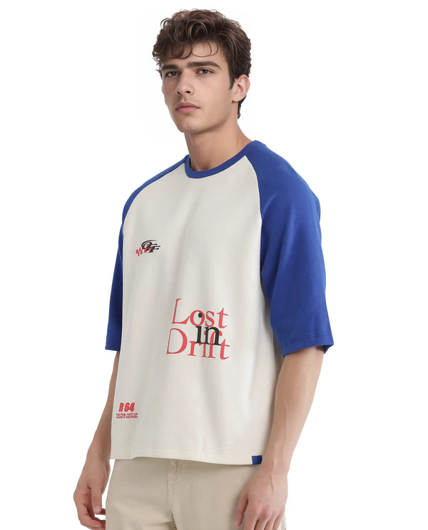 Rare Rabbit Men Reva Off White Cotton Poly Fabric Short Sleeve Crew Neck Oversized Fit HD Typography Print T-Shirt