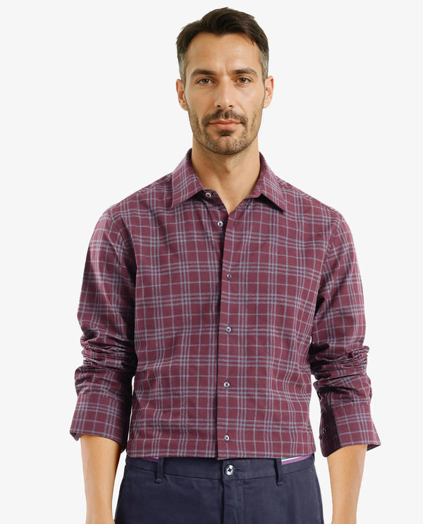 Rare Rabbit Men Revers Maroon Cotton Fabric Regular Collar Full Sleeve Regular Fit Check Shirt