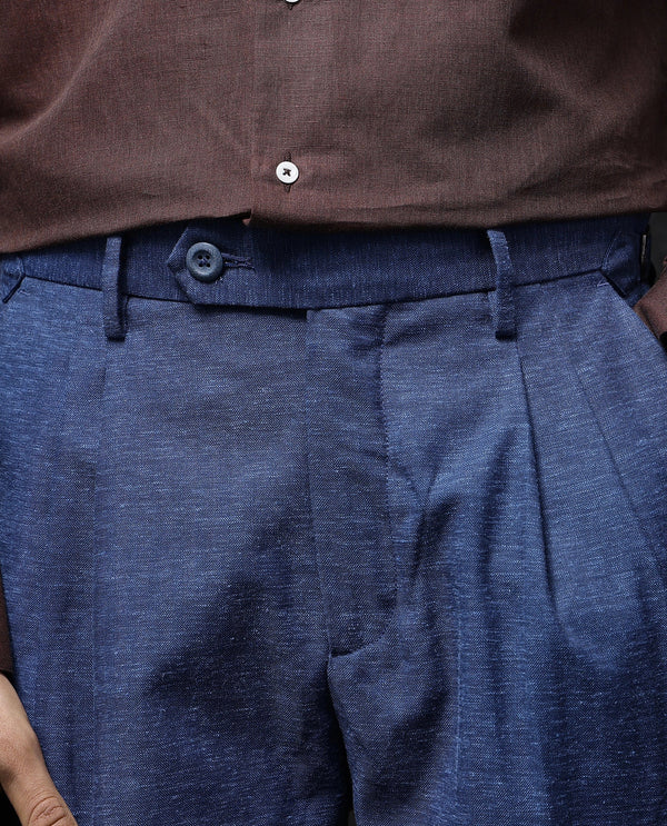 Rare Rabbit Men Rhesa Dark Teal Linen Blend Pleated Button Closure Relaxed Fit Plain Trouser