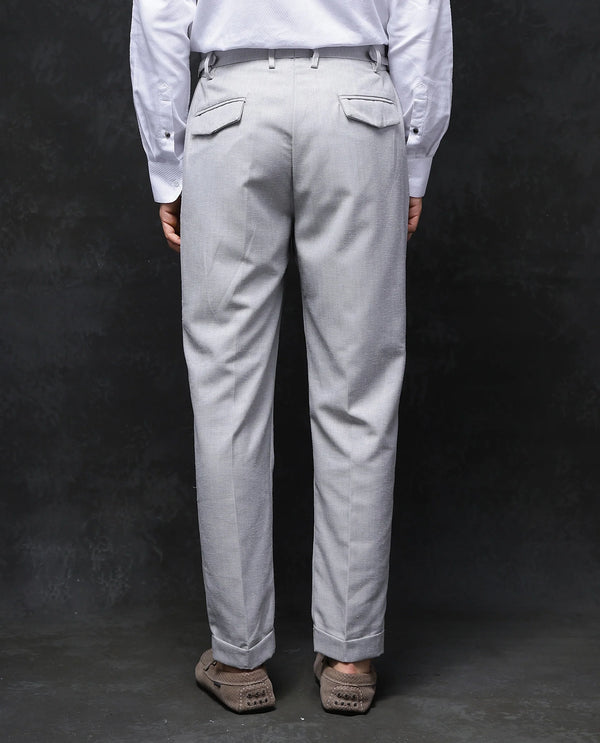 Rare Rabbit Men Rhesa Grey Linen Blend Pleated Button Closure Relaxed Fit Plain Trouser