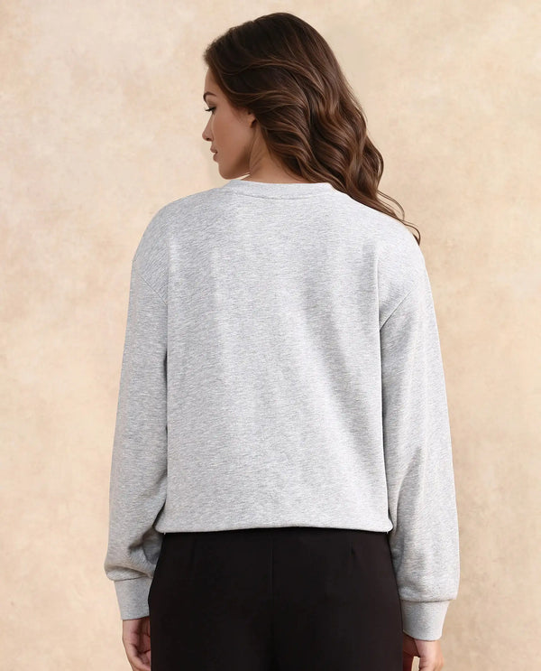 Rareism Women Rhink Melange Grey Cotton Blend Fabric Full Sleeve Hooded Relaxed Fit Plain Sweatshirt