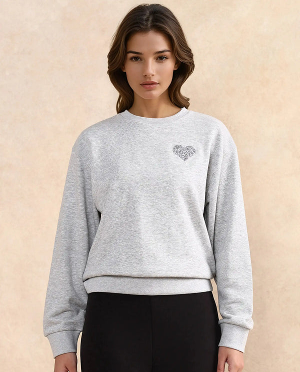 Rareism Women Rhink Melange Grey Cotton Blend Fabric Full Sleeve Hooded Relaxed Fit Plain Sweatshirt
