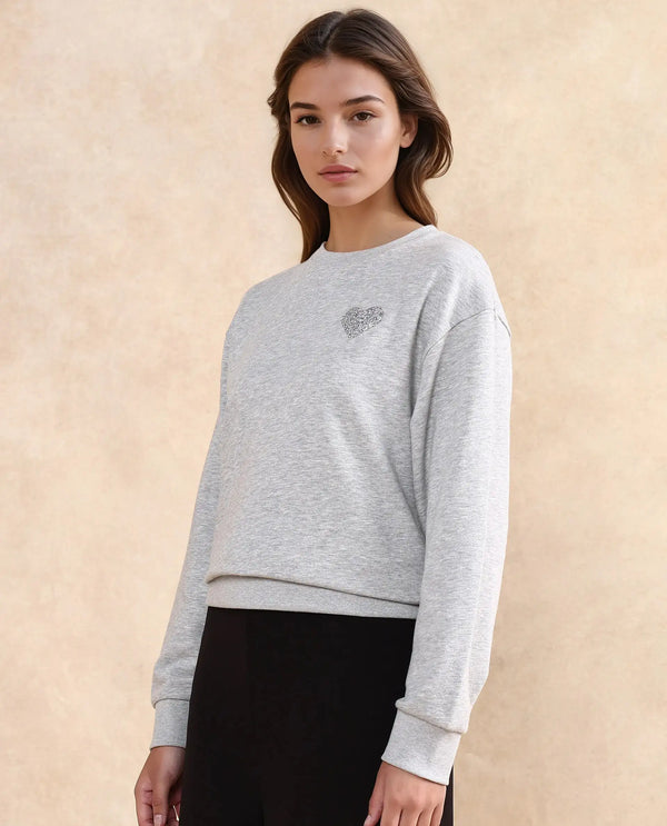 Rareism Women Rhink Melange Grey Cotton Blend Fabric Full Sleeve Hooded Relaxed Fit Plain Sweatshirt