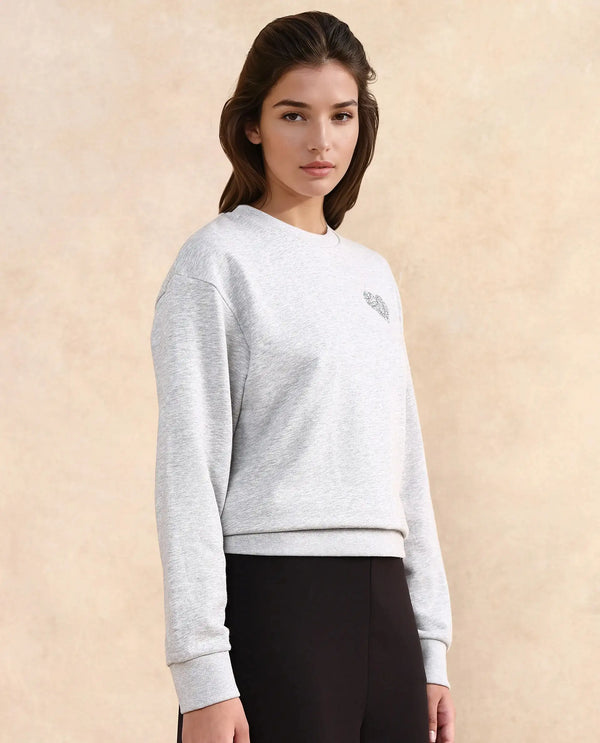Rareism Women Rhink Melange Grey Cotton Blend Fabric Full Sleeve Hooded Relaxed Fit Plain Sweatshirt