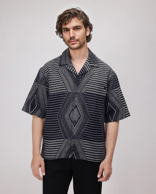 Rare Rabbit Men's Rhom Dark Navy Cotton Fabric Short Sleeve Collared Neck Button Closure Printed Shirt