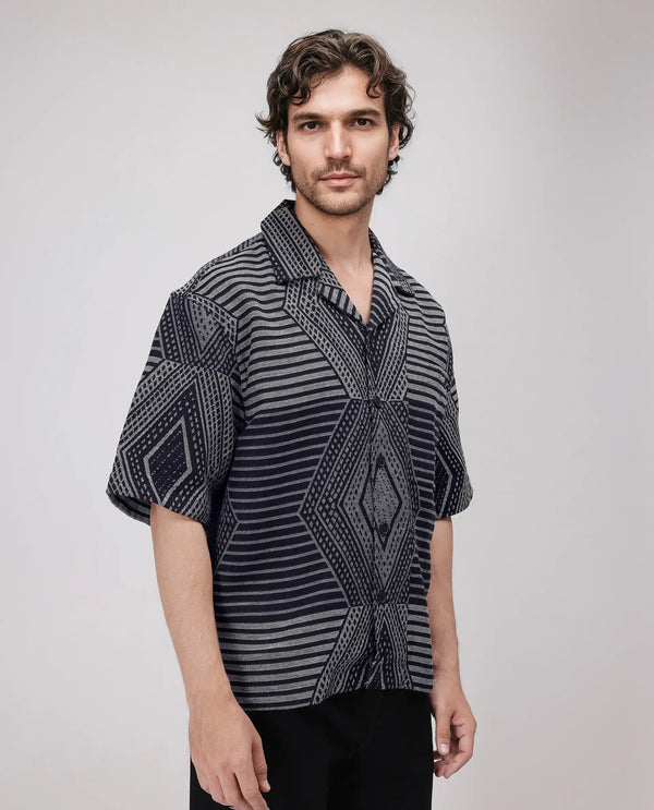 Rare Rabbit Men's Rhom Dark Navy Cotton Fabric Short Sleeve Collared Neck Button Closure Printed Shirt