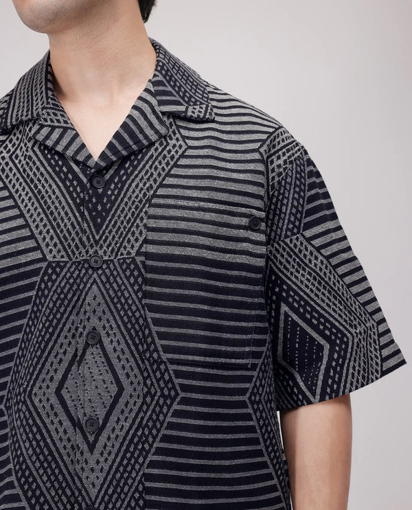 Rare Rabbit Men's Rhom Dark Navy Cotton Fabric Short Sleeve Collared Neck Button Closure Printed Shirt