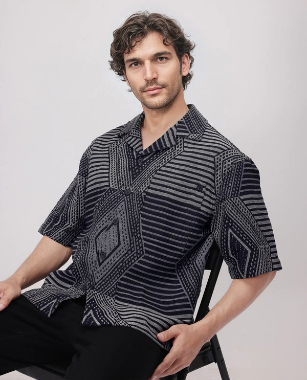 Rare Rabbit Men's Rhom Dark Navy Cotton Fabric Short Sleeve Collared Neck Button Closure Printed Shirt
