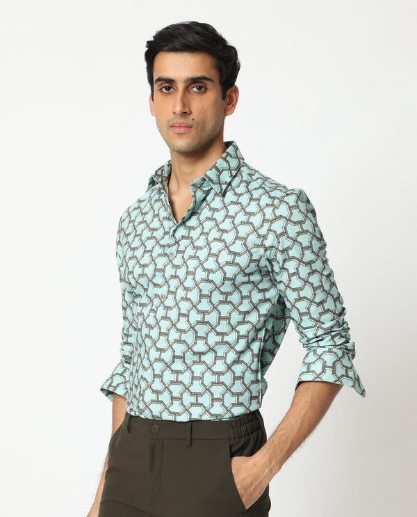 Rare Rabbit Men's Rhone Light Blue Cotton Viscose Fabric Geometric Print Full Sleeves Shirt