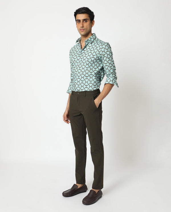 Rare Rabbit Men's Rhone Light Blue Cotton Viscose Fabric Geometric Print Full Sleeves Shirt