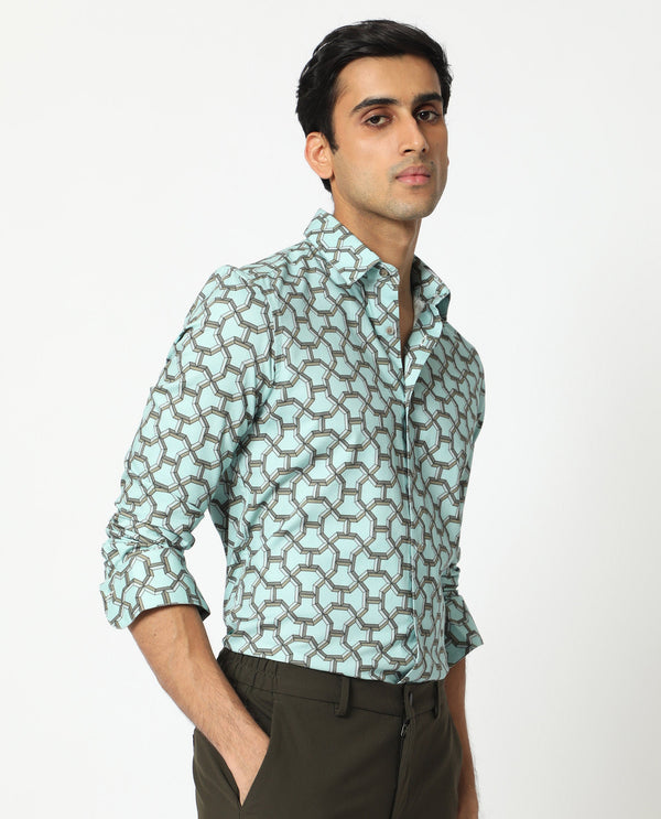 Rare Rabbit Men's Rhone Light Blue Cotton Viscose Fabric Geometric Print Full Sleeves Shirt