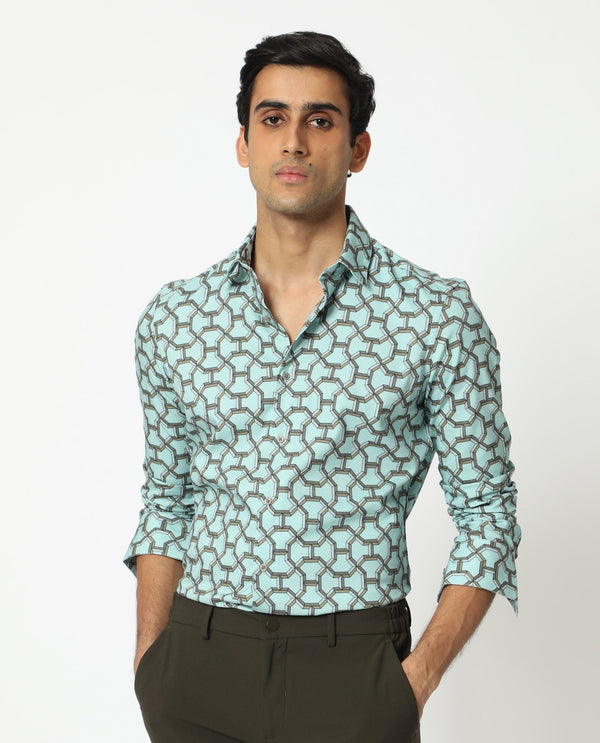 Rare Rabbit Men's Rhone Light Blue Cotton Viscose Fabric Geometric Print Full Sleeves Shirt