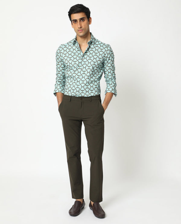 Rare Rabbit Men's Rhone Light Blue Cotton Viscose Fabric Geometric Print Full Sleeves Shirt