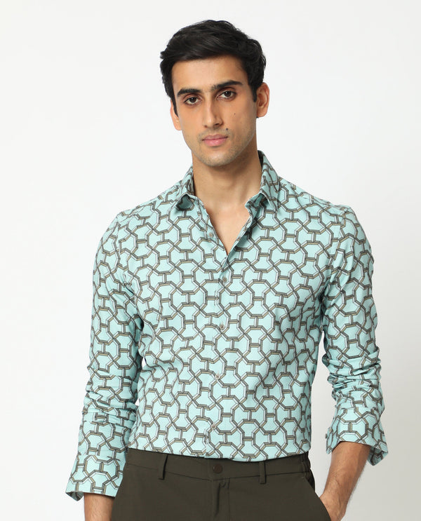 Rare Rabbit Men's Rhone Light Blue Cotton Viscose Fabric Geometric Print Full Sleeves Shirt