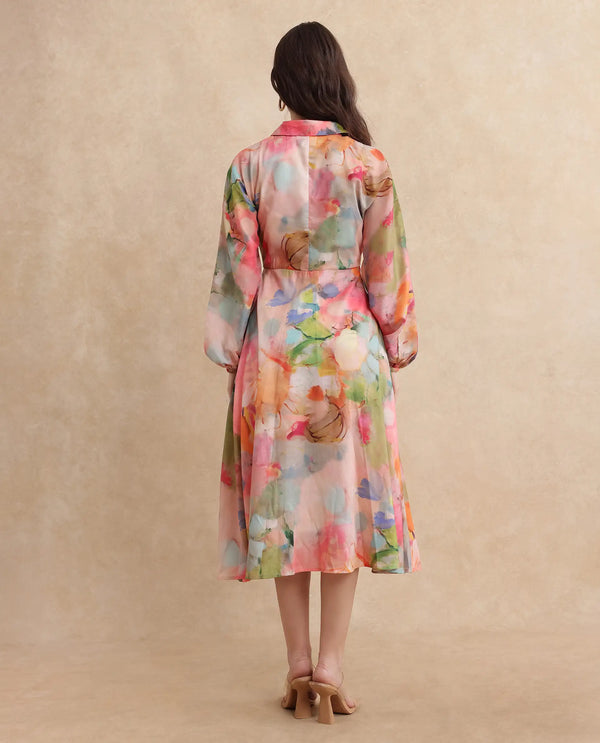 Rareism Women Rhun Multi Cuffed Sleeve Collared Neck Fit And Flare Midi Abstract Print Dress