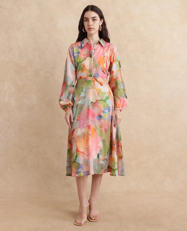 Rareism Women Rhun Multi Cuffed Sleeve Collared Neck Fit And Flare Midi Abstract Print Dress