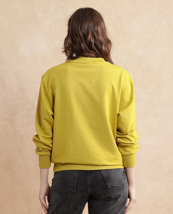 Rareism Women Rib-1 Green Cotton Poly Fabric Full Sleeve Crew Neck Slim Fit Printed Sweatshirt