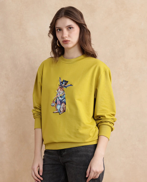 Rareism Women Rib-1 Green Cotton Poly Fabric Full Sleeve Crew Neck Slim Fit Printed Sweatshirt
