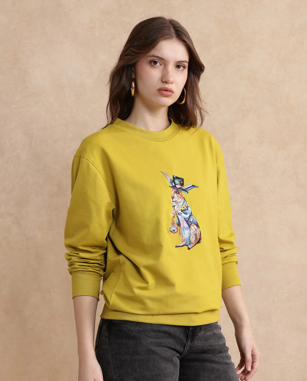 Rareism Women Rib-1 Green Cotton Poly Fabric Full Sleeve Crew Neck Slim Fit Printed Sweatshirt