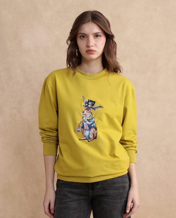 Rareism Women Rib-1 Green Cotton Poly Fabric Full Sleeve Crew Neck Slim Fit Printed Sweatshirt
