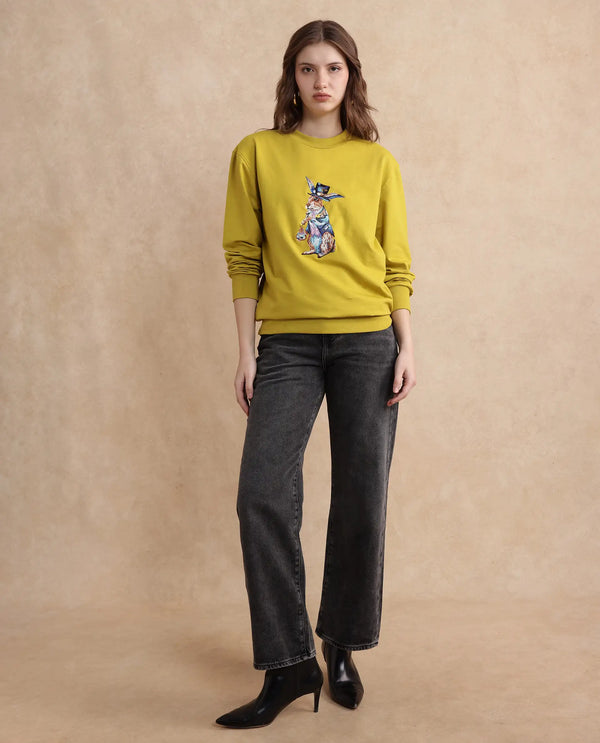 Rareism Women Rib-1 Green Cotton Poly Fabric Full Sleeve Crew Neck Slim Fit Printed Sweatshirt