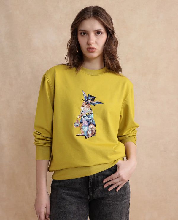 Rareism Women Rib-1 Green Cotton Poly Fabric Full Sleeve Crew Neck Slim Fit Printed Sweatshirt