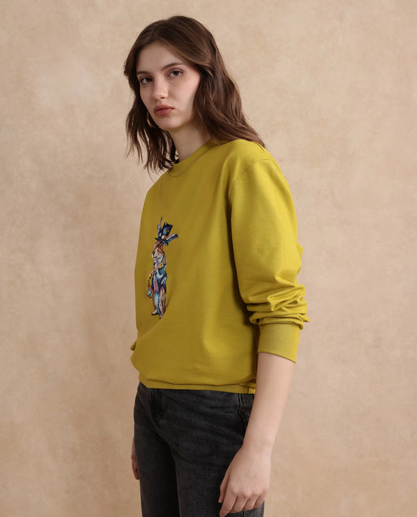 Rareism Women Rib-1 Green Cotton Poly Fabric Full Sleeve Crew Neck Slim Fit Printed Sweatshirt