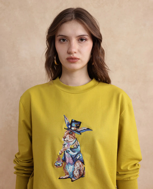 Rareism Women Rib-1 Green Cotton Poly Fabric Full Sleeve Crew Neck Slim Fit Printed Sweatshirt