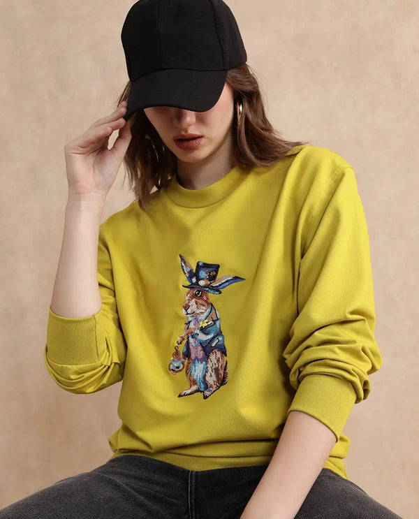 Rareism Women Rib-1 Green Cotton Poly Fabric Full Sleeve Crew Neck Slim Fit Printed Sweatshirt
