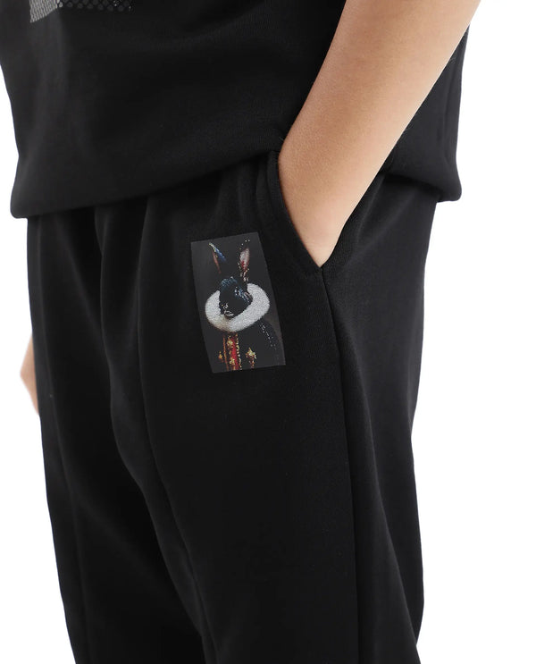 Rare Ones Kids Rib Black Cotton Cmyk Print Trackpant