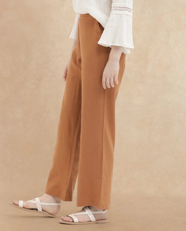 Rareism Women Rica Pastel Orange Cotton Linen Fabric Regular Length Trouser