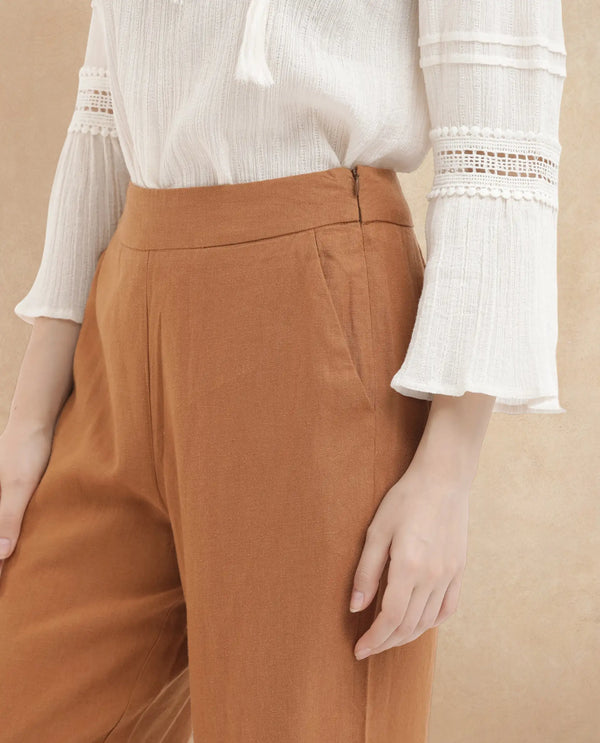 Rareism Women Rica Pastel Orange Cotton Linen Fabric Regular Length Trouser