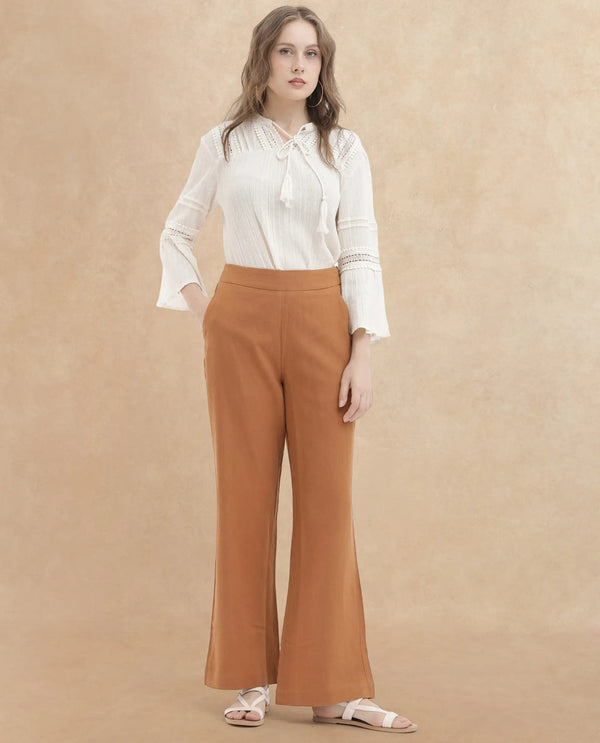 Rareism Women Rica Pastel Orange Cotton Linen Fabric Regular Length Trouser