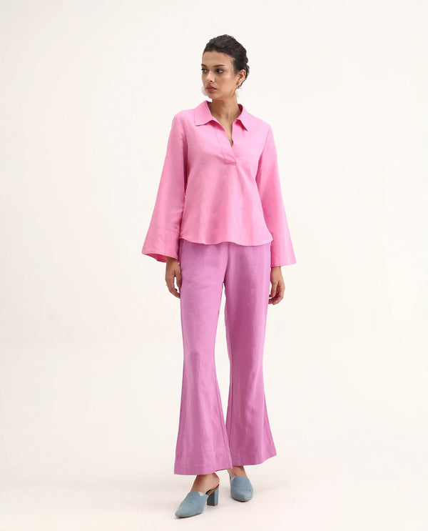 Rareism Women Rica Pastel Pink Cotton Linen Fabric Zip Closure Wide Leg Fit Plain Ankle Length Trousers