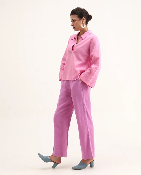 Rareism Women Rica Pastel Pink Cotton Linen Fabric Zip Closure Wide Leg Fit Plain Ankle Length Trousers