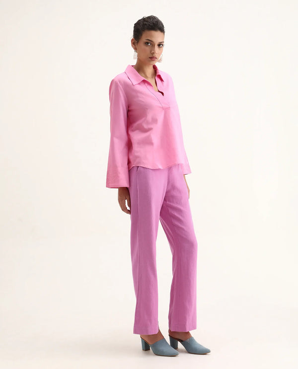 Rareism Women Rica Pastel Pink Cotton Linen Fabric Zip Closure Wide Leg Fit Plain Ankle Length Trousers