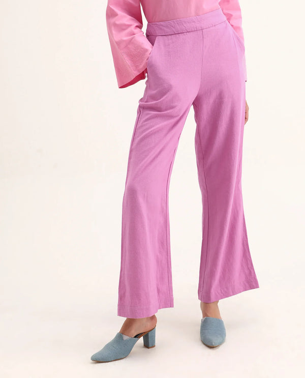 Rareism Women Rica Pastel Pink Cotton Linen Fabric Zip Closure Wide Leg Fit Plain Ankle Length Trousers