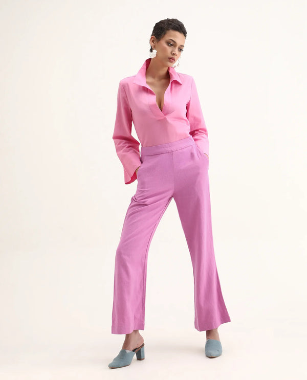 Rareism Women Rica Pastel Pink Cotton Linen Fabric Zip Closure Wide Leg Fit Plain Ankle Length Trousers